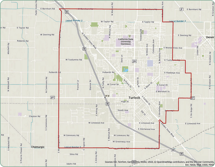 Map showing the boundaries and major roads of Turlock, including landmarks like California State University Stanislaus.

Description generated by AI