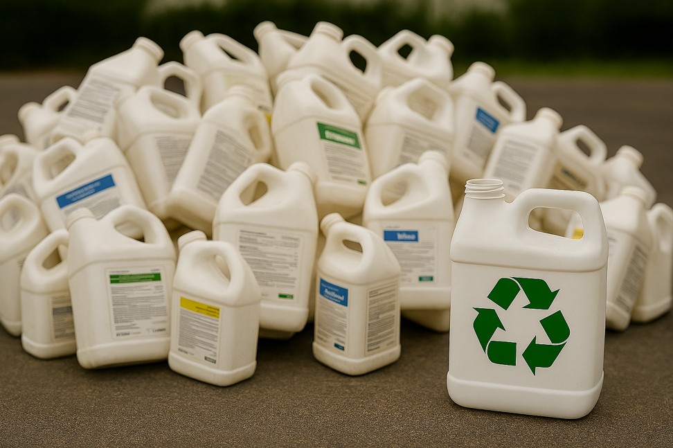 A pile of empty white plastic containers with blurry labels sits outdoors, with one container in front showing a green recycling symbol.