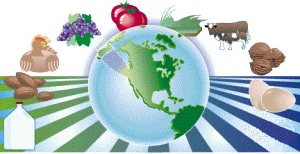  A picture of the Earth with farm products in the background